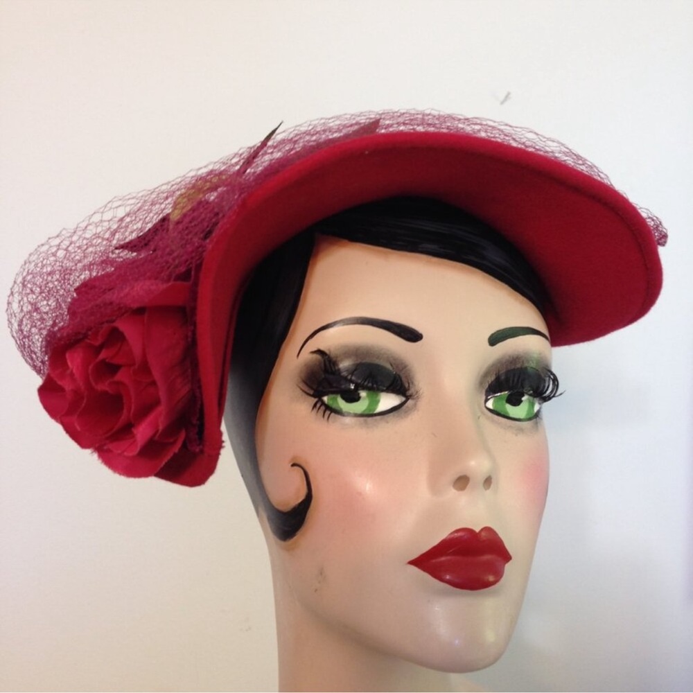 Red and Green Vintage Hat with Floral Accents